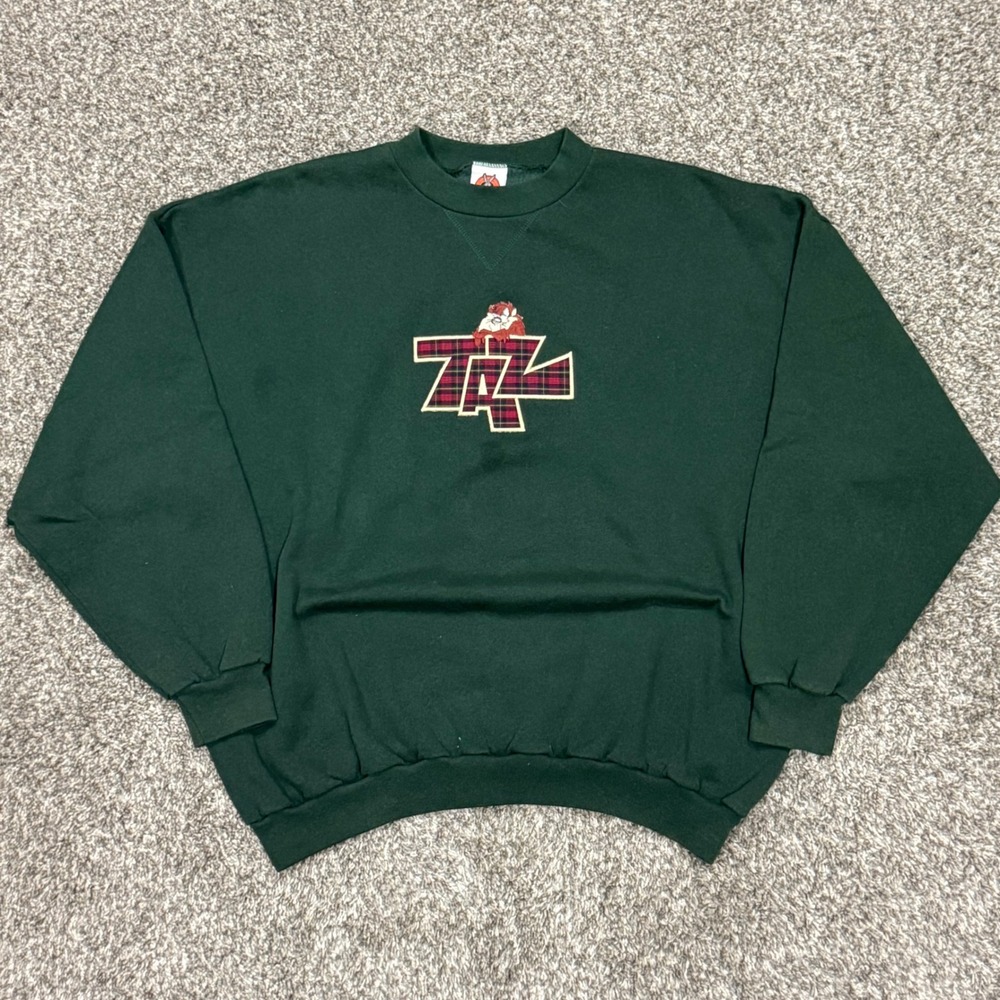 Vintage 1997 Looney Tunes Taz Sweatshirt Forest Green Plaid Embroidered Mens XL